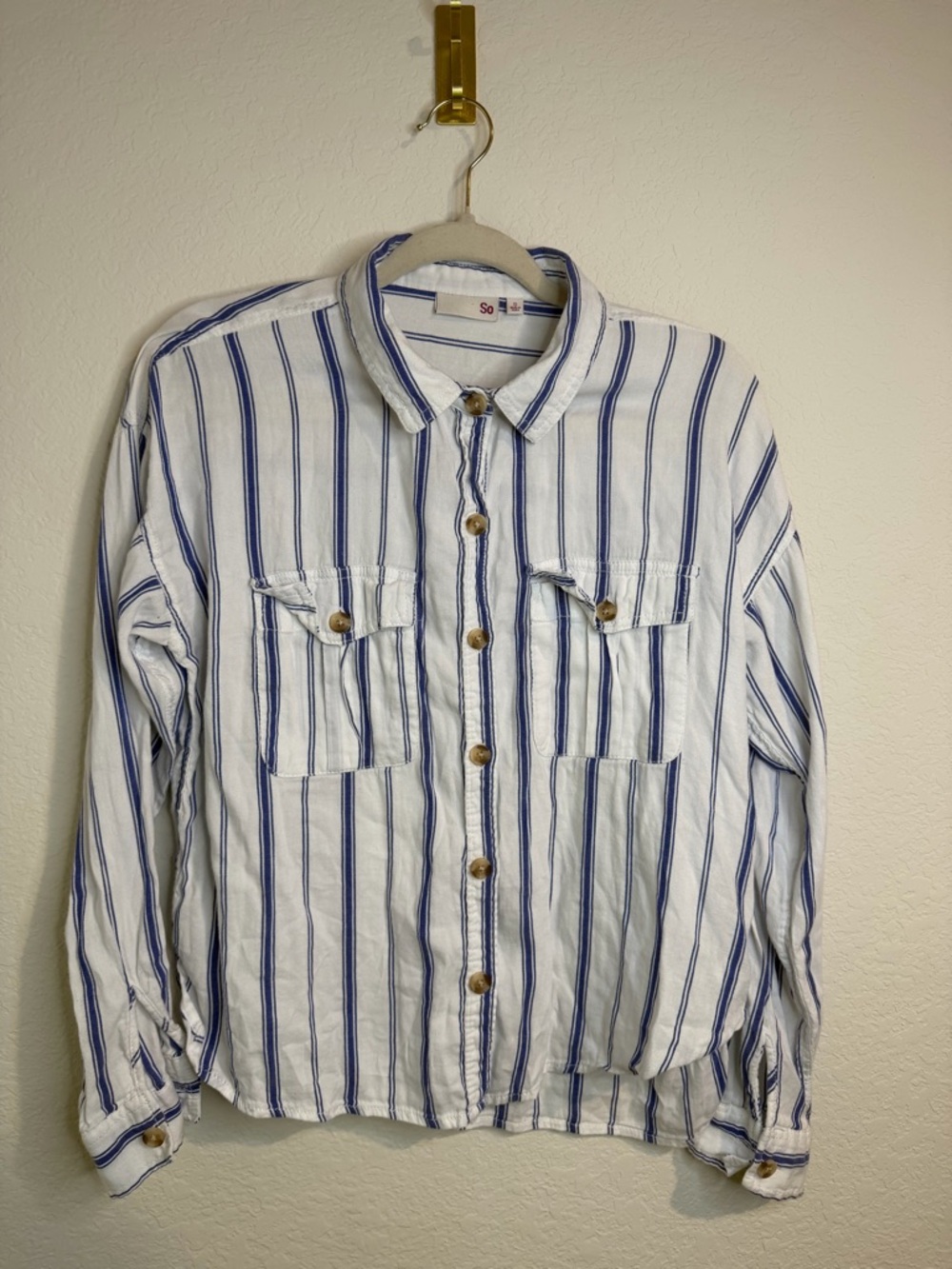 SO White Button-Down Shirt with Blue Stripes